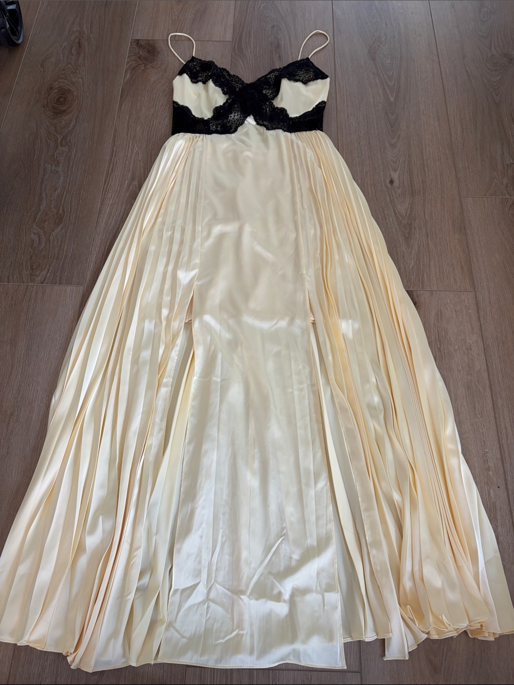 Yellow Satin Maxi Slip Dress with Black Lace Bodice